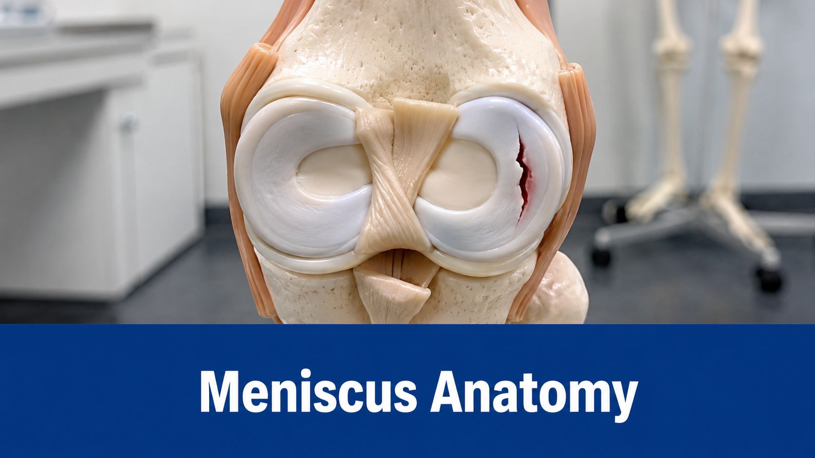 A close-up model of a human knee joint showing the meniscus with a visible tear injury.